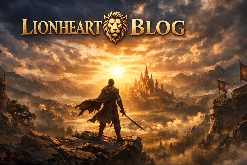 lionheart blog cinematic header warrior overlooking kingdom sunrise fantasy castle lion emblem
