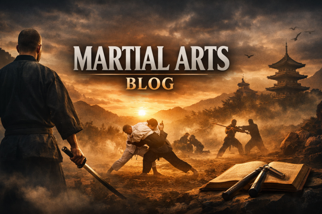 Cinematic martial arts blog header showing a warrior in a black gi holding a katana, overlooking a sunset with fighters sparring and a Japanese temple in the background; open book and nunchaku in the foreground, text reads “Martial Arts Blog."