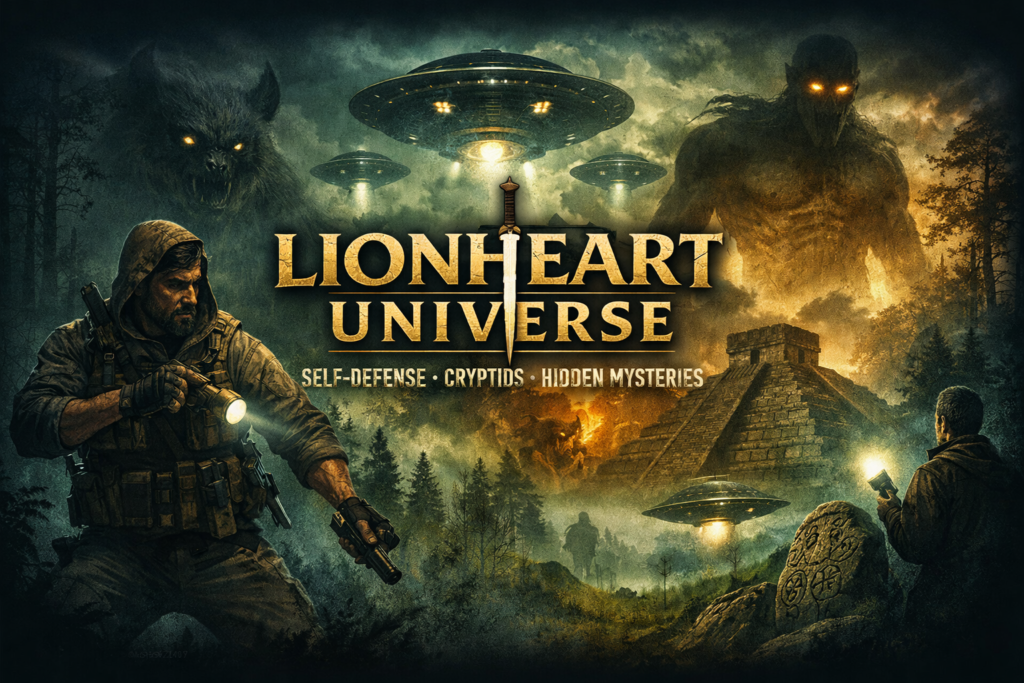 Banner for Lionheart Universe blog showing a tactical warrior with flashlight and pistol in a misty forest facing a shadowy cryptid, alien spacecraft hovering above an ancient ziggurat, and a towering Nephilim figure under stormy skies. Title text reads ‘Lionheart Universe – Self‑Defense • Cryptids • Hidden Mysteries.