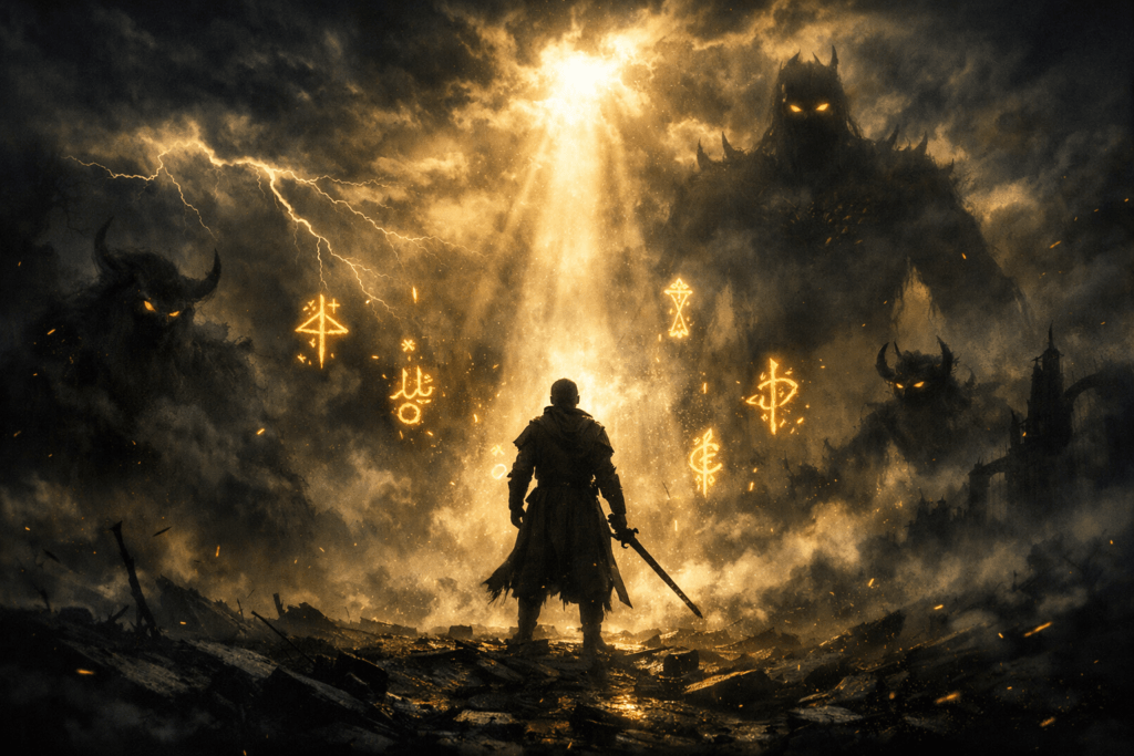 Cinematic digital painting of a lone holy warrior standing on shattered ground under stormy skies, illuminated by divine light breaking through clouds. Glowing scripture symbols float around him as shadowy figures fade into mist, symbolizing spiritual warfare and divine victory.”